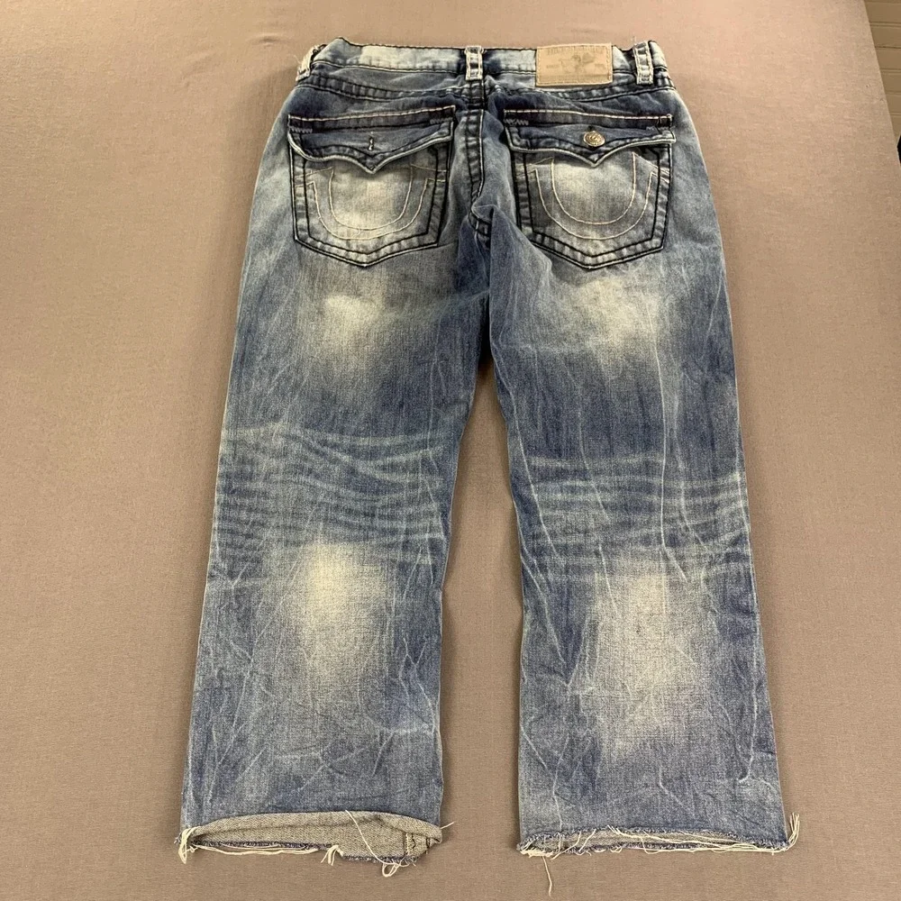 True Religion Ricky Jeans Mens 38x27 Blue Distressed Frayed Hem USA Flap Pockets